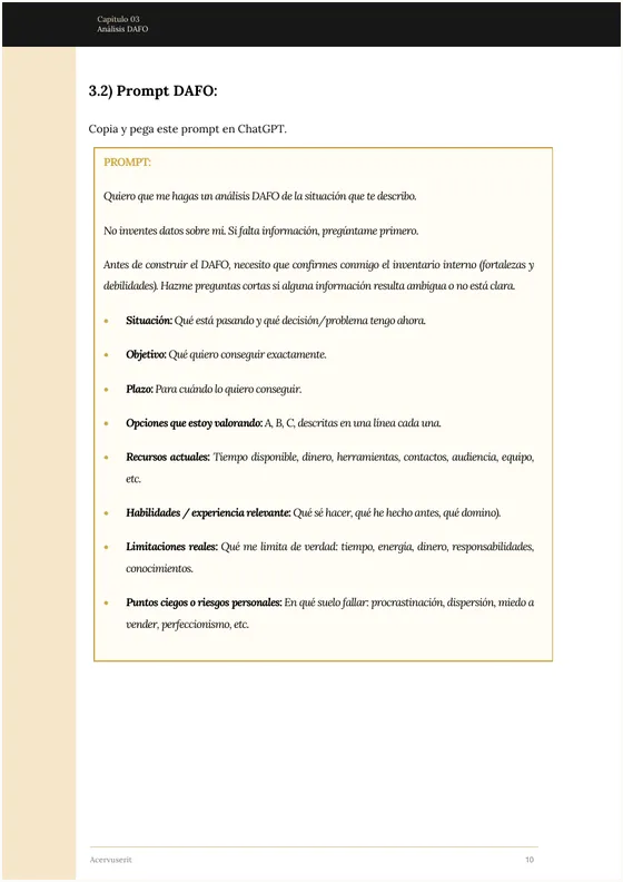 Página de prompt DAFO de la guía 12 Marcos Mentales
